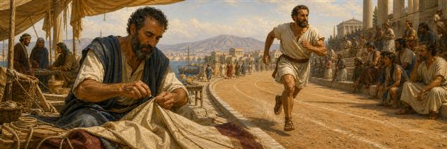 A Paul-like worker sewing tent fabric beside the same man running with discipline on an ancient track